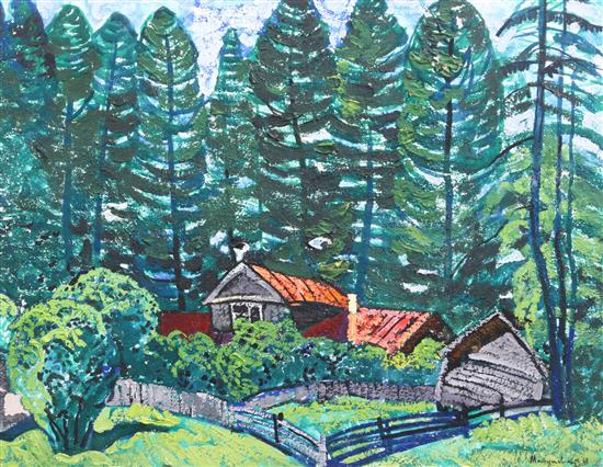 Yuri Matushevski (1930-1999) Framhouse in a woodland clearing 21.5 x 27in.